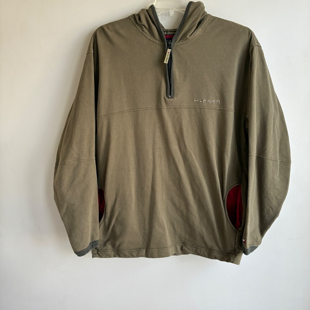Y2K Tommy Hilfiger 1/4 Zip Hoodie Mens L Army Green Vintage 90s Cotton Pullover